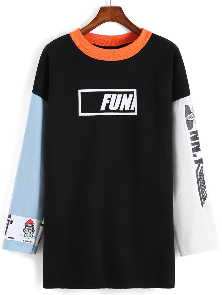 Romwe Color-block Cartoon Print Loose Sweatshirt