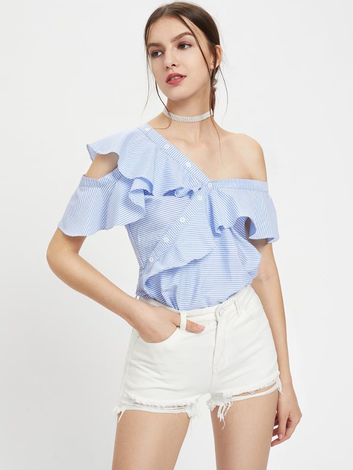 Romwe Asymmetric Placket Flounce Trim Striped Blouse