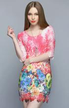 Romwe Soluble Flowers Lace Red Dress