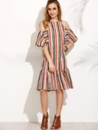 Romwe Multicolor Vertical Striped Cold Shoulder Ruffle Dress