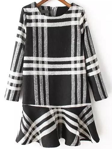 Romwe Plaid Ruffle White And Black Dress