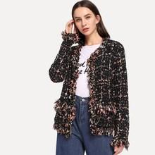 Romwe Pocket Patched Frayed Trim Tweed Coat