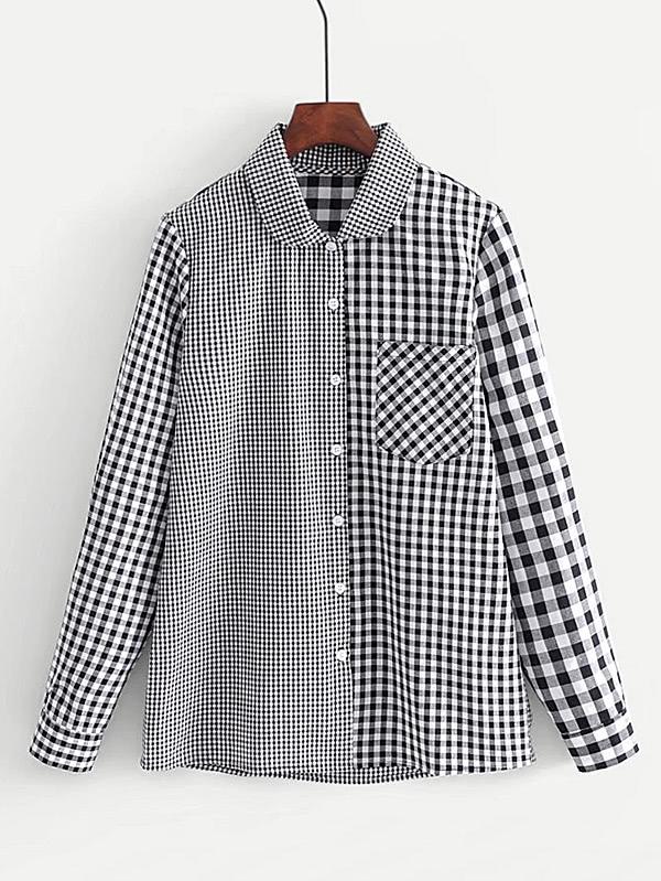 Romwe Spliced Gingham Blouse
