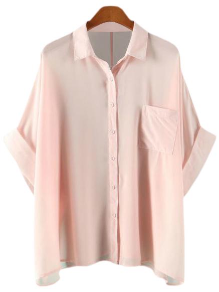 Romwe Pink Buttons Front Pocket Batwing Sleeve Chiffon Blouse