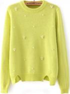 Romwe Bead Split Knit Green Sweater
