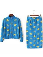 Romwe Stand Collar Zipper Knit Top With Stars Print Blue Skirt