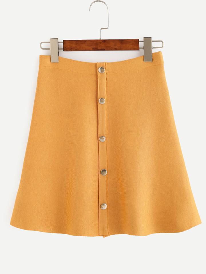 Romwe Yellow Button Front Knit A Line Skirt