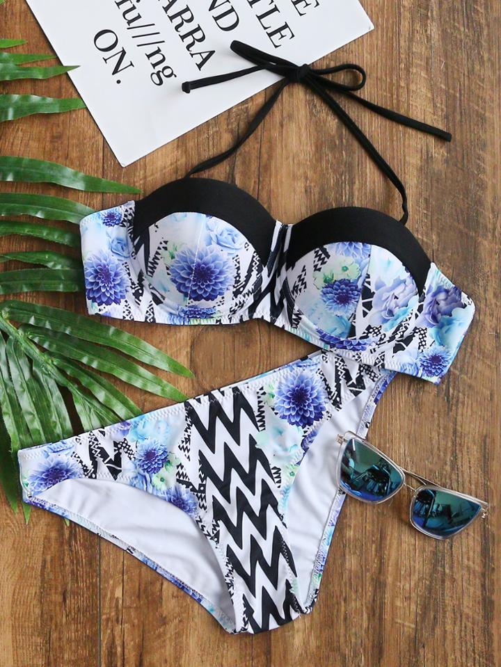 Romwe Floral And Chevron Print Halter Bikini Set