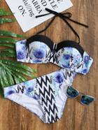 Romwe Floral And Chevron Print Halter Bikini Set