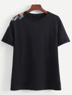 Romwe Sequin & Embroidery Shoulder Tee