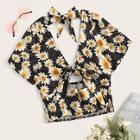 Romwe Knot Front Daisy Floral Print Shirred Blouse