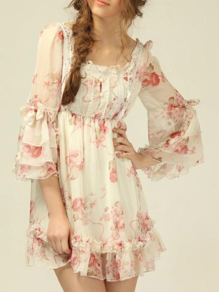 Romwe Ruffle Sleeve Florals Bow Chiffon Dress