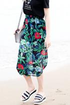 Romwe Elastic Waist Florals Split Skirt