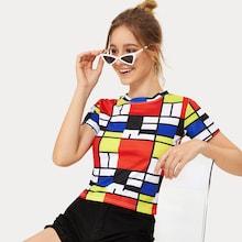 Romwe Geo Print Patchwork Tee