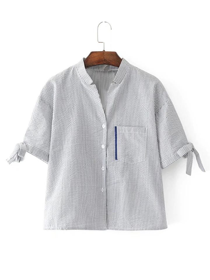 Romwe Bow Tie Cuff Pinstripe Blouse