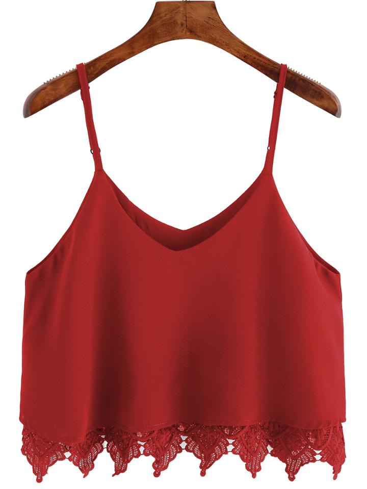 Romwe Spaghetti Strap Crochet Chiffon Cami Top