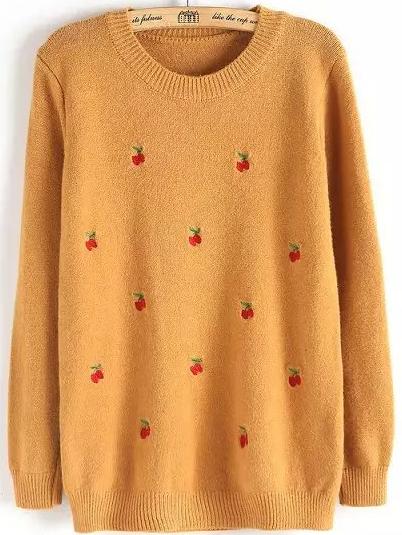 Romwe Cherry Embroidered Loose Khaki Sweater