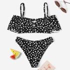 Romwe Polka Dot Flounce Cold Shoulder Bikini Set