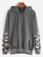 Romwe Dark Grey Hooded Contrast Camo Print Sleeve Pocket Sweatshirt