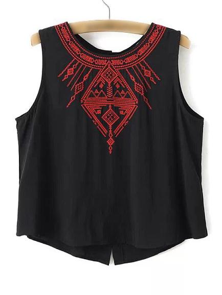 Romwe White Sleeveless Embroidery Buttons Back Tank Top