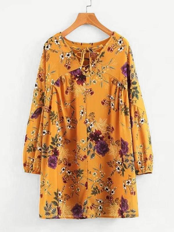 Romwe Lace Up V Neck Floral Dress
