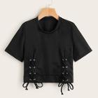 Romwe Solid O-ring Lace Up Crop Tee