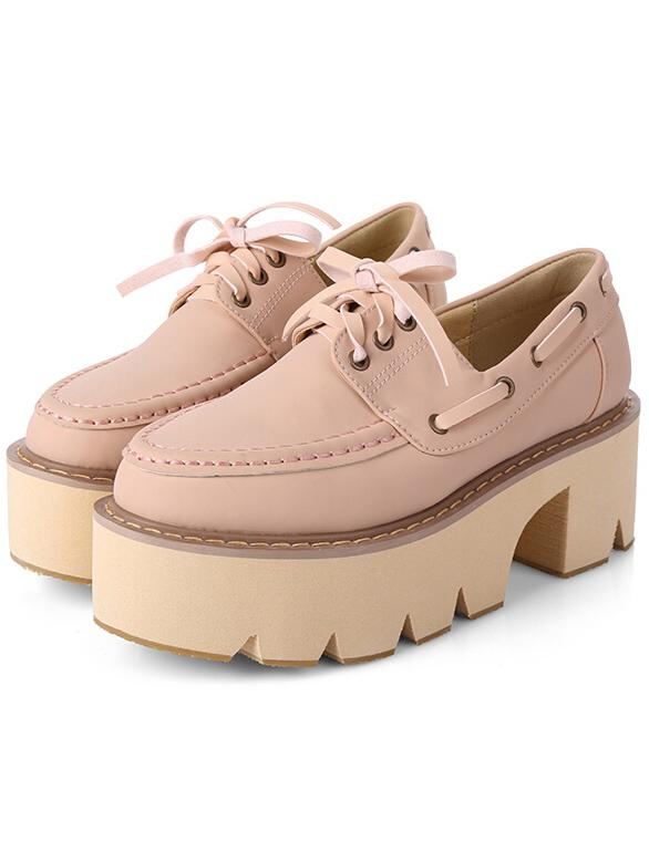 Romwe Pink Round Toe Lace Up Heavy-bottomed Flats