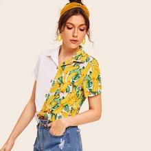 Romwe Contrast Banana Print Button Front Blouse