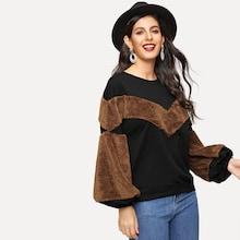 Romwe Lantern Sleeve Contrast Faux Fur Pullover