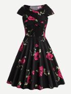 Romwe Rose Print Surplice Wrap Pleated Dress