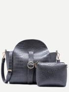 Romwe Grey Croc Embossed Pu Buckle Strap Shoulder Bag Set