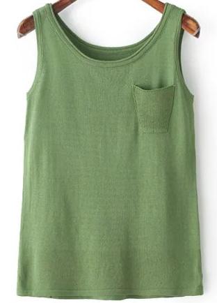 Romwe Green Round Neck Pocket Tank Top