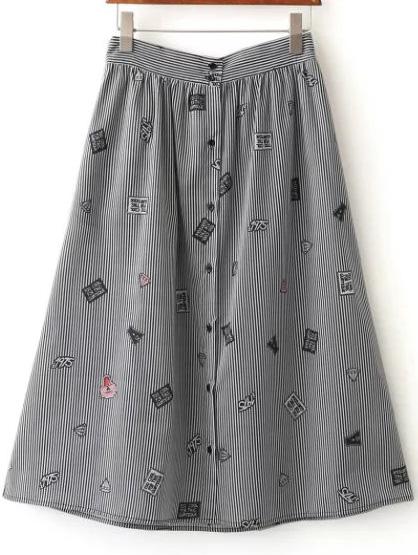 Romwe Black Striped Cartoon Print Button Up Midi Skirt