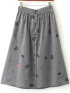 Romwe Black Striped Cartoon Print Button Up Midi Skirt