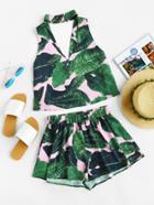 Romwe Double V Choker Neck Tropical Top And Shorts Co-ord