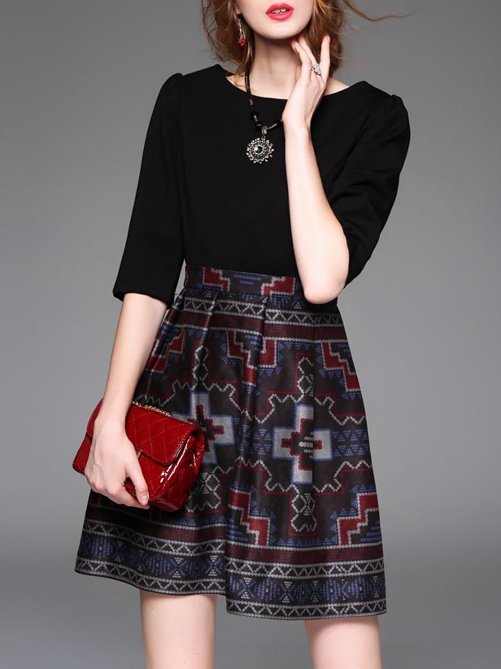 Romwe Black Vintage Print A-line Dress