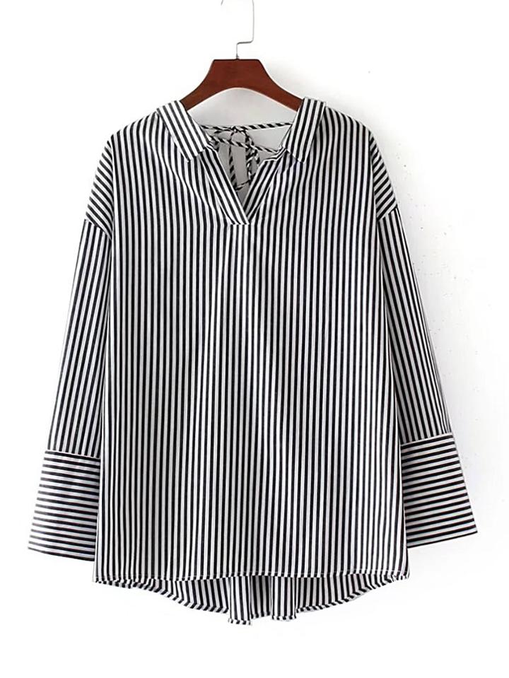 Romwe Tie Back Striped Blouse