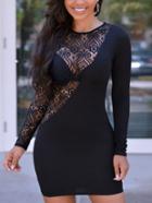 Romwe Asymmetric Lace Insert Textured Dress - Black