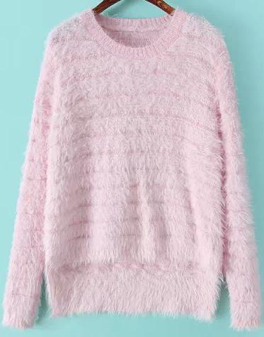Romwe Shaggy Dip Hem Pink Sweater