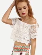 Romwe Off-the-shoulder Crop Lace Chiffon Top - White