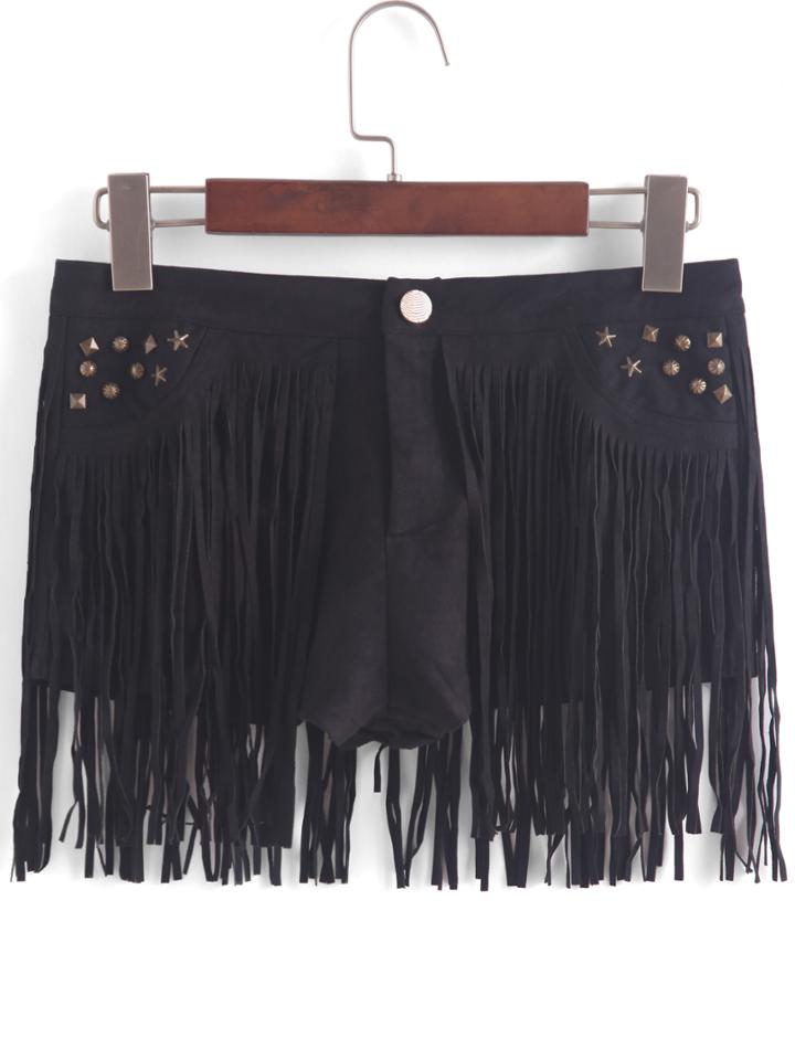 Romwe With Tassel Rivet Black Shorts