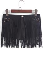 Romwe With Tassel Rivet Black Shorts