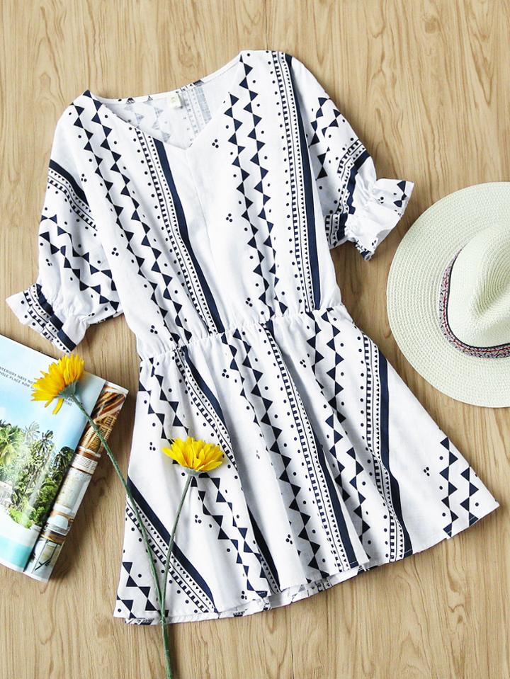 Romwe V Neckline Geometric Print Elastic Waist Dress
