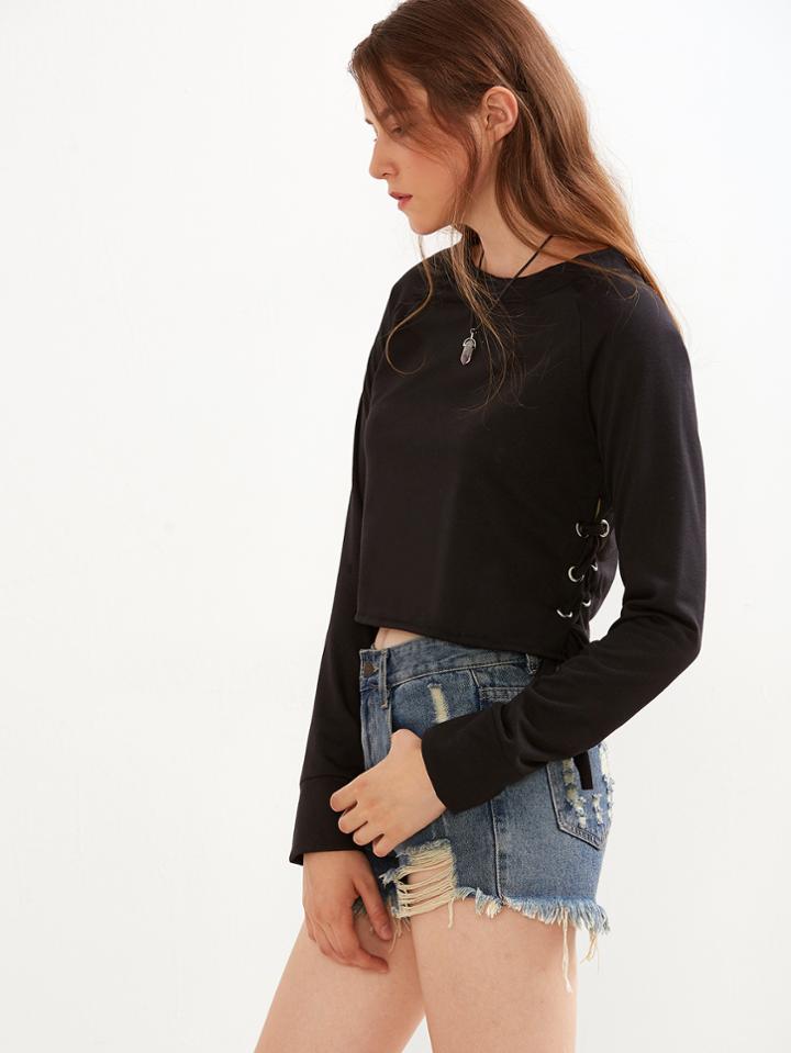 Romwe Black Eyelet Lace Up Side Long Sleeve T-shirt