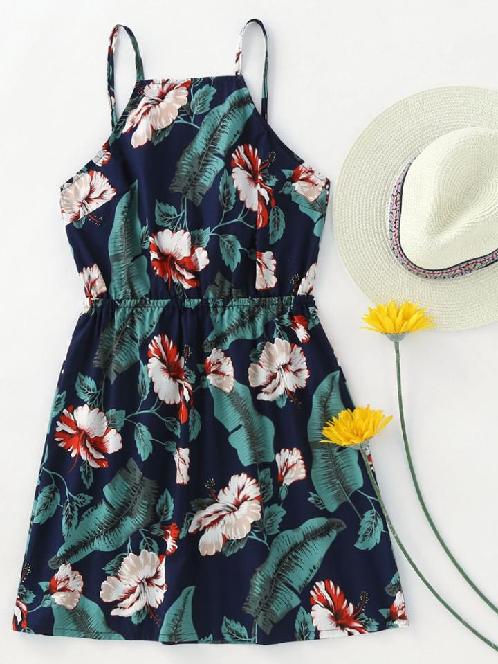 Romwe Printed Random Bow Tie Open Back Cami Dress