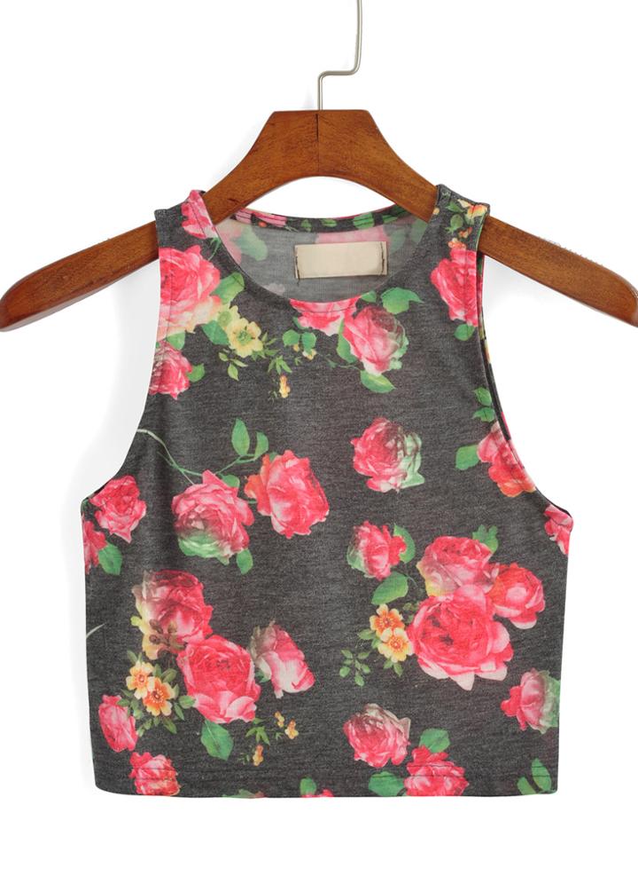 Romwe Rose Print Grey Tank Top