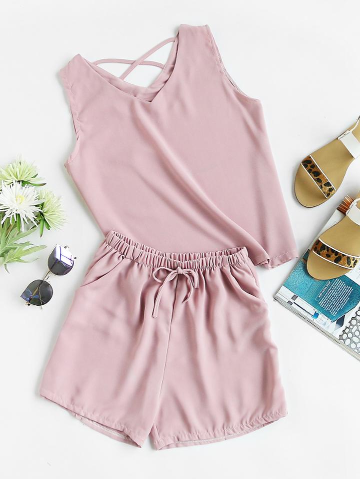 Romwe Criss Cross Back Tank Top And Shorts Set
