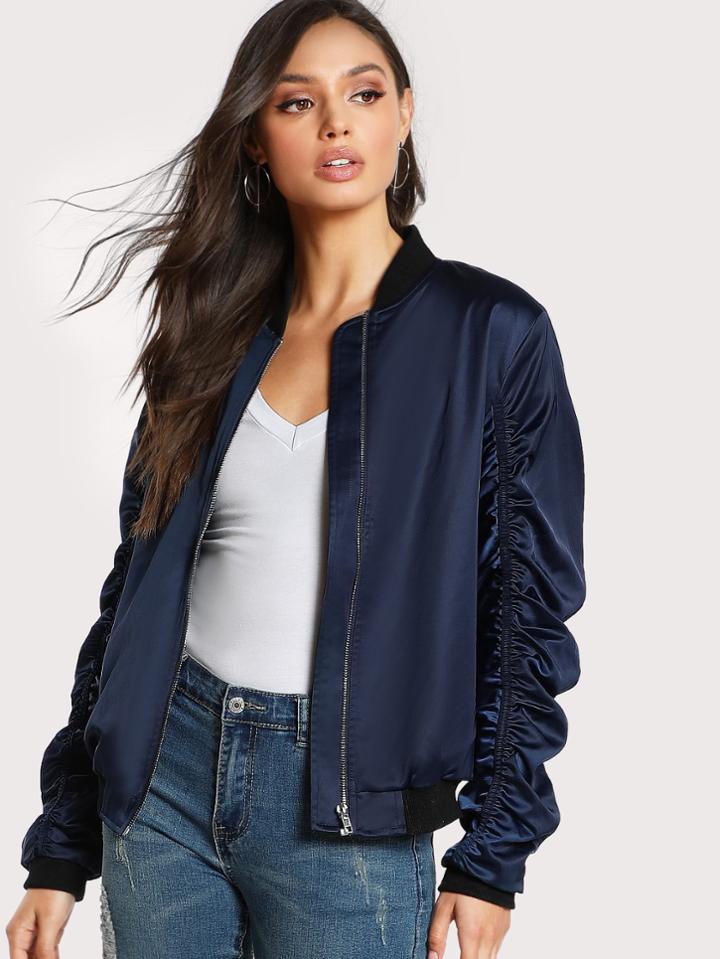 Romwe Shirred Detail Bomber Jacket