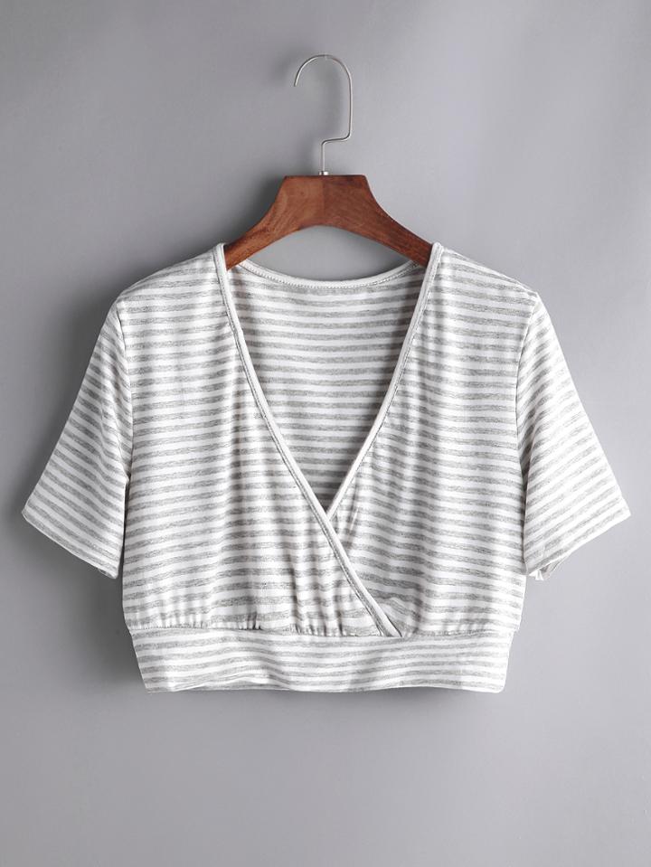 Romwe Grey Striped Surplice Front Crop T-shirt