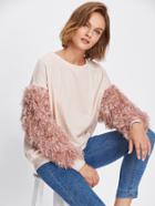Romwe Contrast Faux Fur Sleeve Ribbed Knit Sweatshirt